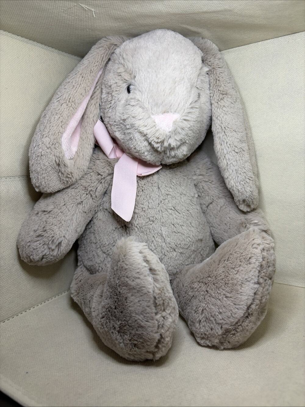 PBK Pottery Barn Kids Plush Gray Bunny Rabbit Pink Ears Nose Ribbon Bow 16” (D)
